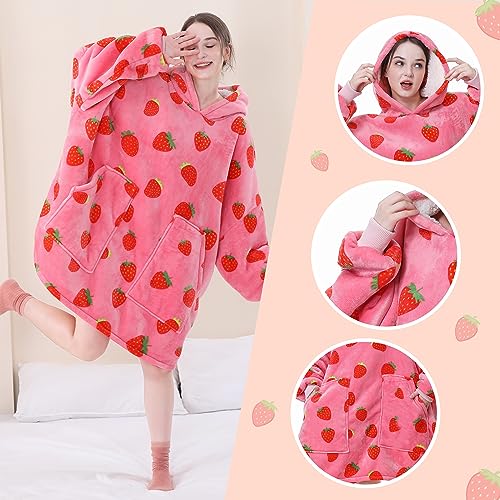 Oversized Strawberry Wearable Blanket Hoodie with Pockets and Sherpa Lining