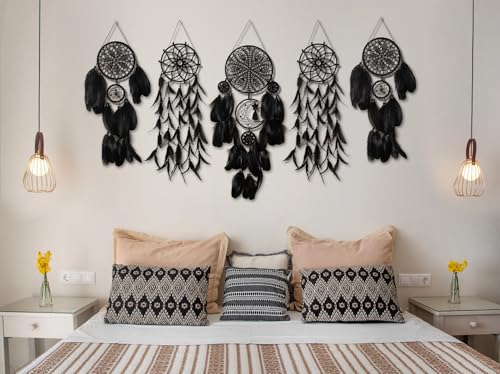 5-Pack Black Macrame Dream Catcher Set, Boho Wall Hanging Decor