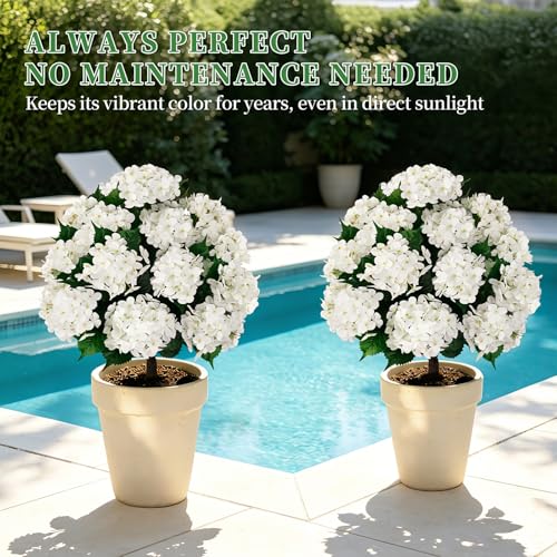 33" Artificial Hydrangea Topiary Ball Trees - 2 Pack UV Resistant Faux Shrubs
