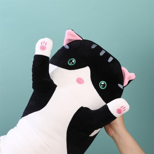 Giant Cat Pillow Plush Cartoon Kitty Sleeping Hugging Pillow, Cuddly Soft Long Kitten Body Pillow Doll Cat Cushion Toy for Kids Girlfriend (Black, 70cm/ 27.55inch)