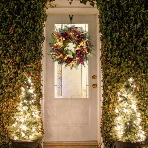 Svndlyn 22-Inch Burgundy Lighted Christmas Wreath with Timer and Reindeer
