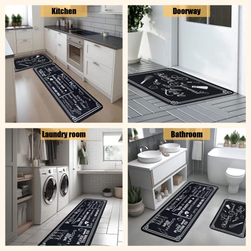 Black and White Kitchen Rug Set, 2-Piece Cushioned Non-Slip Runner Mats