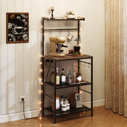 4-Tier Bakers Rack with Power Outlet, Kitchen Storage Shelf & 6 Hooks