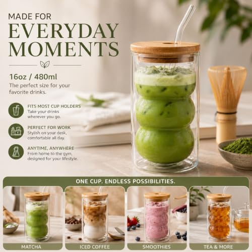 Ribbed Glass Cups with Bamboo Lids and Straws - 16oz Set of 2