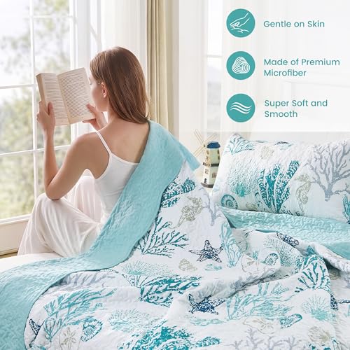 Qucover Oversized California King Coastal Quilt Set - 118"x106" Bedspread