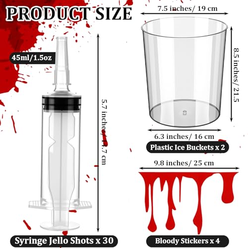 Halloween Shot Syringe Set with Bloody Buckets – 30 Plastic Drink Dispensers & Creepy Ice Buckets