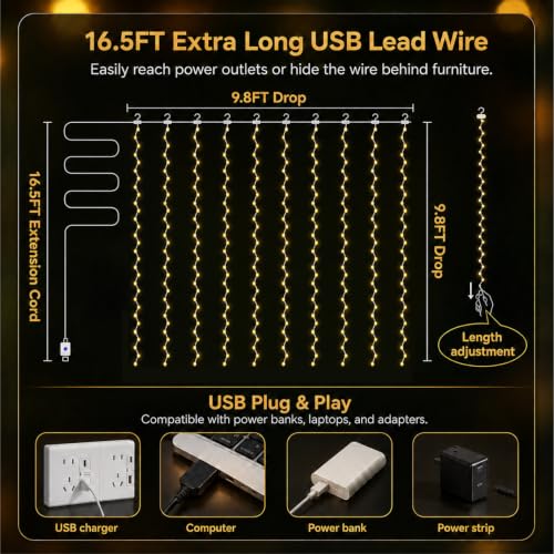 300 LED Fairy Curtain Lights - 9.8x9.8ft USB Hanging String Light with Remote