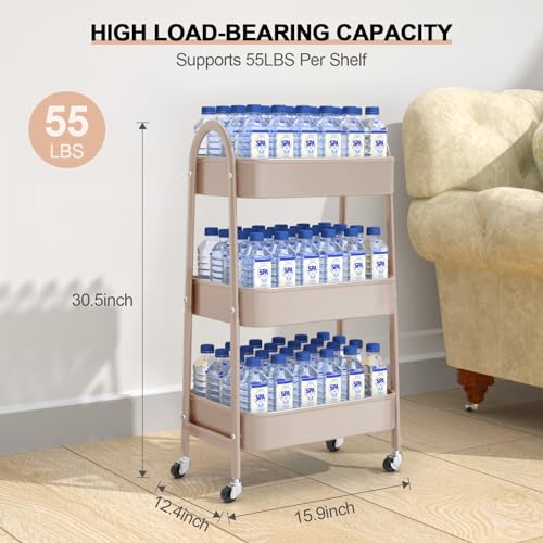 3-Tier Metal Utility Rolling Cart with Handle and Lockable Wheels