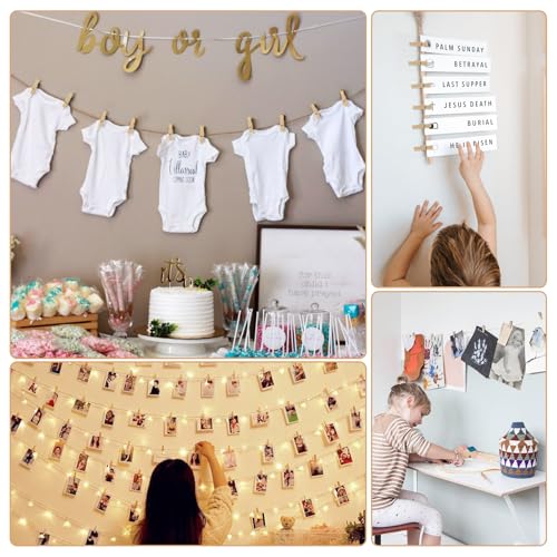 100 Pcs Mini Wooden Clothespins with Jute Twine for Photo Displays