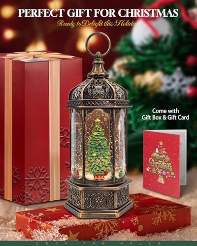 Musical Christmas Tree Snow Globe Lantern with Rotating Train & Timer