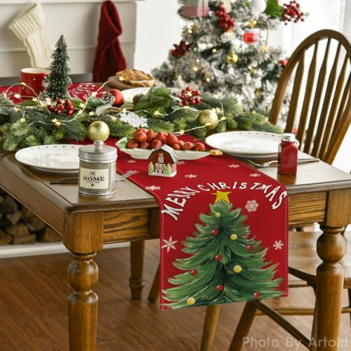 Red Xmas Pine Snowflake Table Runner 13x108 Inch Holiday Home Decor
