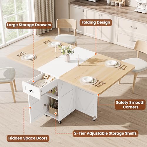 Folding Dining Table for Small Spaces with Storage, Drawer and Wheels