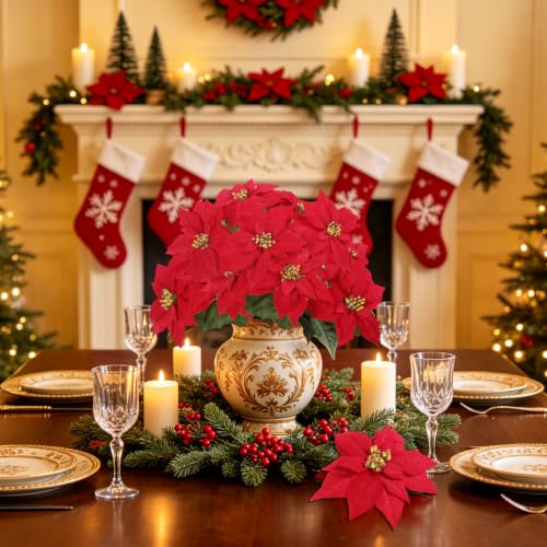 Artificial Christmas Poinsettia Flowers Set - Red, 4 Bundles, 20 Blooms