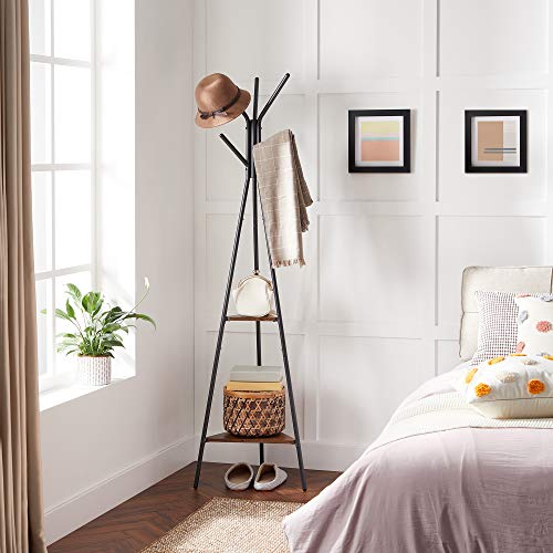 Freestanding Industrial Hall Tree with 6 Hooks and 2 Storage Shelves