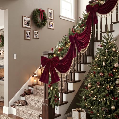 7.2 ft Burgundy Velvet Christmas Staircase Draping with 2 Large Bows