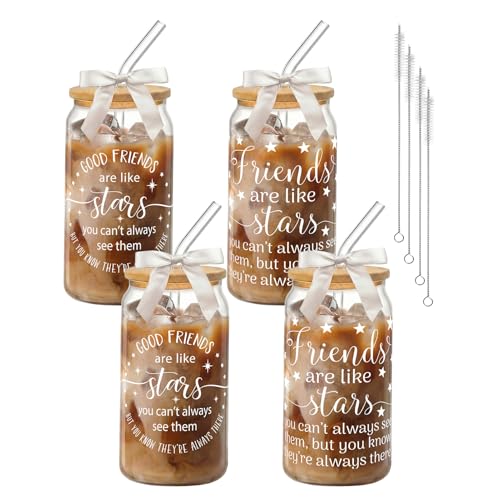 16oz Glass Iced Coffee Cups with Bamboo Lids and Straws - 4 Piece Set