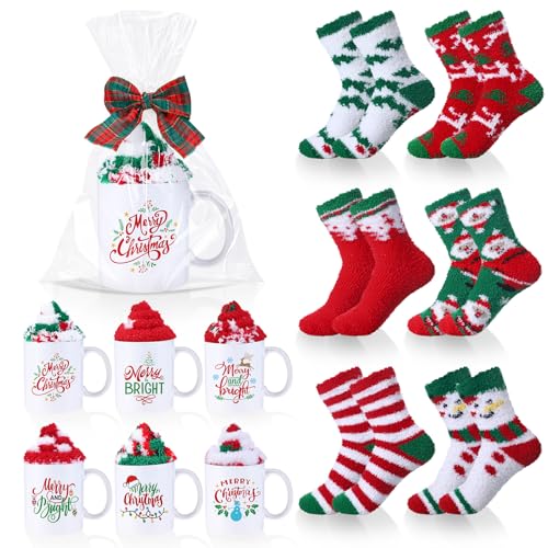 6 Sets Classic Christmas Mug Gift Set with Fuzzy Socks for Women - 12 oz