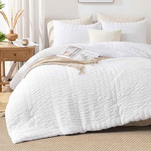 Seersucker Queen Comforter Set - 3 Piece Soft Washed Microfiber Bedding, White