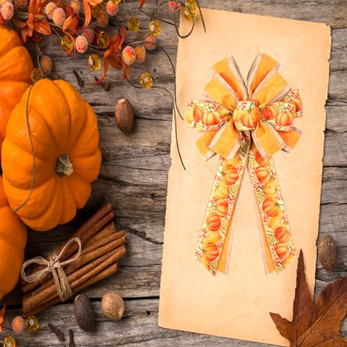 2-Pack Large Fall Wreath Bows 20x12 Inch - Orange Pumpkin Wired Autumn Bows