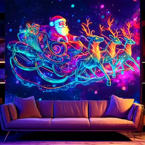 Black Light Tapestry – Merry Christmas UV Reactive Wall Hanging, Santa & Elk, 79x59 Unframed