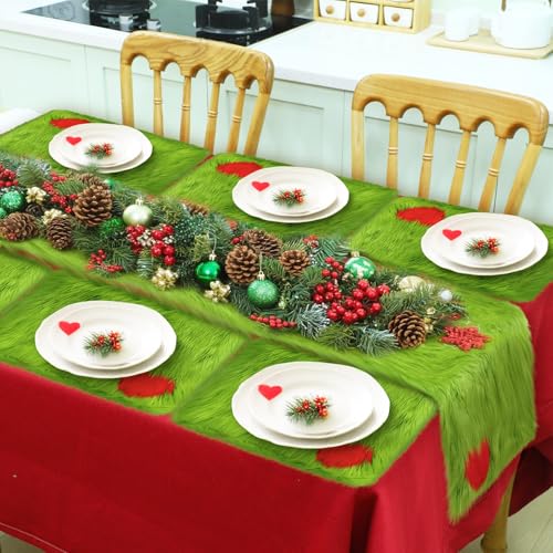 Christmas Lime Green Faux Fur Table Runner & Placemats Set - Holiday Decor
