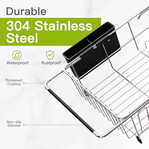 Expandable Stainless Steel Over the Sink Dish Drying Rack with Utensil Holder