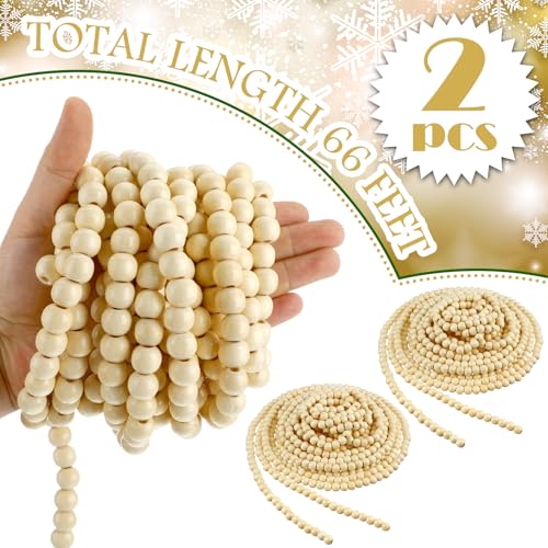 Giegxin 2 Pcs Wooden Bead Garland for Christmas Tree - Farmhouse Style, 66 Feet, Wood Color