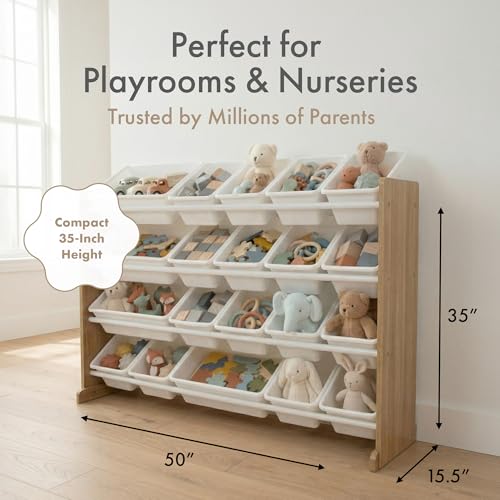 4-Tier Kids Toy Organizer with 20 Removable Bins - Sturdy Wood Storage Shelf
