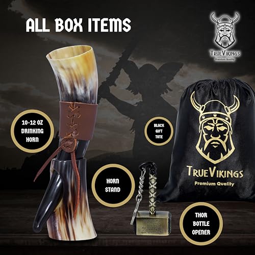 TRUE VIKING Handcrafted Ox Horn Drinking Horn - Shine Polished Pack of 1 with Thor Bottle Opener & Stand, 12 oz Viking Beer & Mead Cup - Valentine Gift