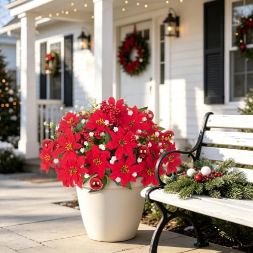 8 Pack 15.7in Red & White Poinsettia Artificial Christmas Flowers for Outdoors