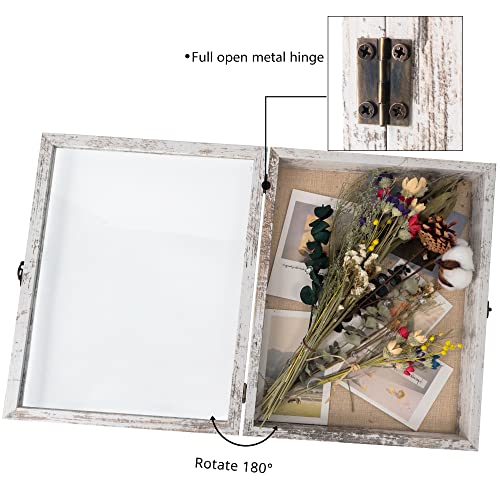 11x14 Wood Shadow Box Display Case with Linen Back and Pins, Rustic White