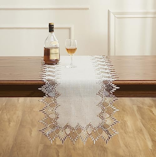 Raedan Natural Linen Table Runner 16x60 Inches Beige Lace Elegant Decor