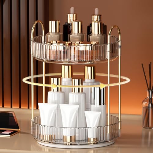 YCIA&DONE 9" x 9" x 12.6" Clear White 2-Tier 360° Rotating Makeup Organizer