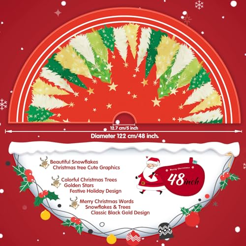 Christmas Tree Skirt 48 Inch Red Rustic Yellow Star and Red Trees - Red Tree Variation