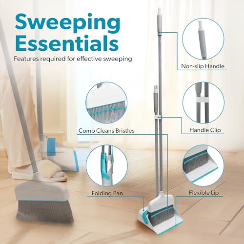 Stand-Up Broom and Dustpan Combo Set with Self-Cleaning Teeth, Space-Saving