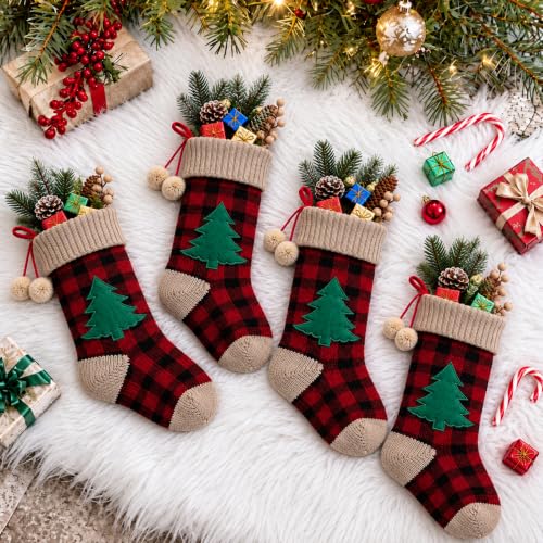 6-Pack Red Black Knit Christmas Stockings with Pom-Poms & Green Tree Patch - 17 Inch Holiday Decor