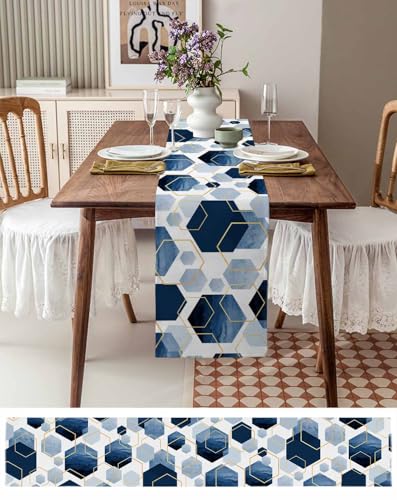 Onekaccu 13 x 48 Inch Navy Blue Geometric Table Runner - Washable Farmhouse Decor