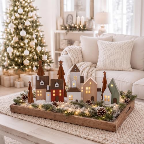 Lighted Wooden Christmas Village Set - 9 Piece Holiday Tabletop Decor
