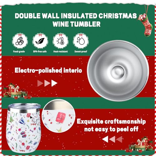 FristChoice 12oz Christmas Wine Tumblers Set with Lids & Straws - Holiday Insulated Stemless Cups, 2 Pack