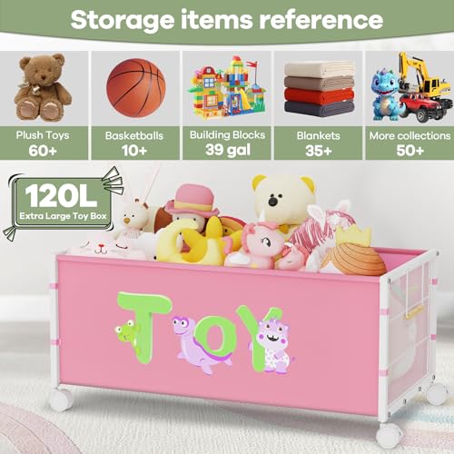 120L Extra Large Rolling Toy Box with Wheels and Handles, Pink