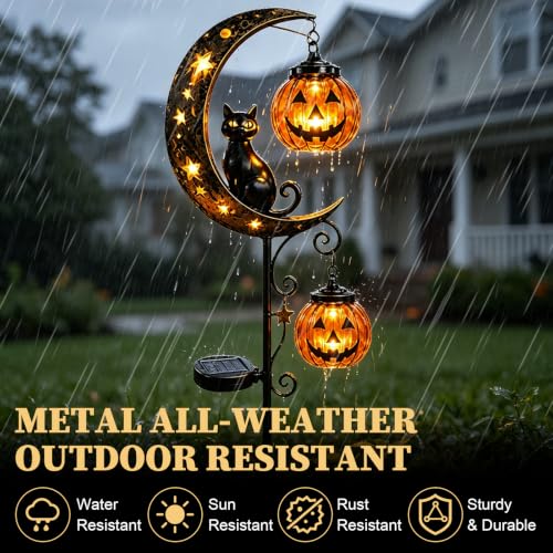 Solar Halloween Black Cat & Pumpkin Moon Stake Light - Metal Yard Decor