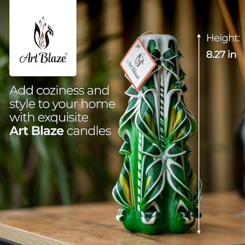 ART BLAZE Large 8.27in Green Carved Candle – Handmade Unscented Long-Burning Home Decor Gift