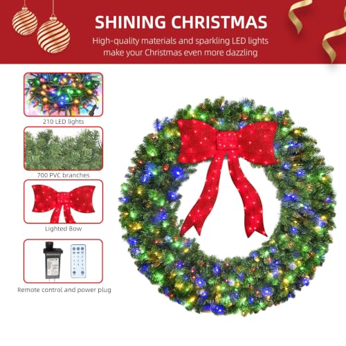 48in Pre-Lit Christmas Wreath with Bow, 270 LED Lights, Timer, Remote, Outdoor Decor