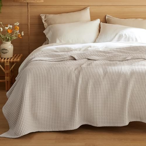 Bedsure 100% Cotton Waffle Blanket - Queen Size (90"x90"), Linen