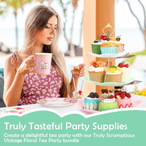 Layhit Vivid 83-Piece Disposable Tea Party Set with 3-Tier Cake Stand for Women Girls Birthday Baby Shower Bridal Shower Pink Floral