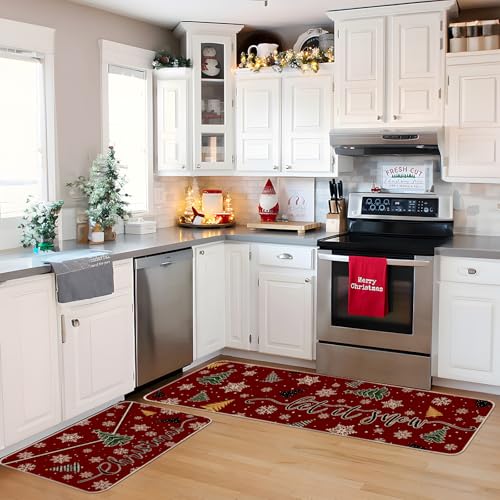 Moutina Let It Snow Christmas Kitchen Rugs Set of 2, Red 17x29 & 17x47 Inch