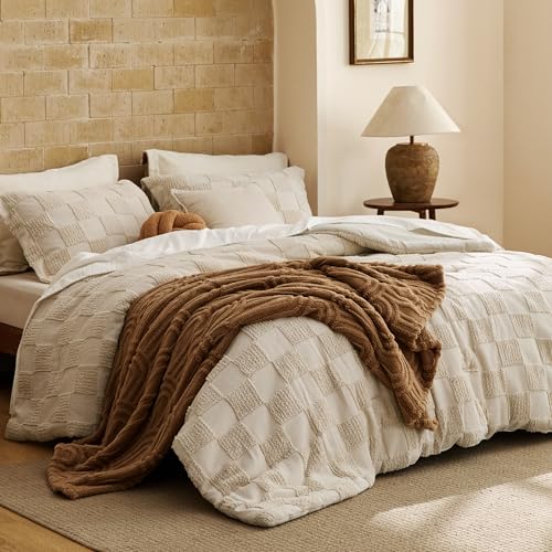 Queen Comforter Set Beige Boho Farmhouse Checkered Bedding, 3 Pieces