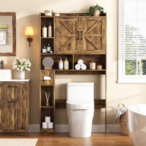Over The Toilet Storage Cabinet with Barn Doors, Rustic Bathroom Rack
