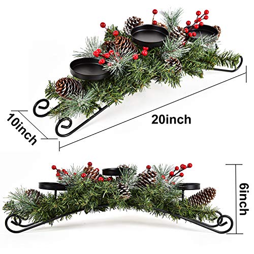 Christmas Candle Holder Centerpiece with Pine Cones & Red Berries, 20"