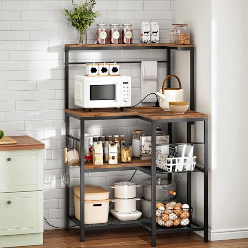 L-Shaped 4-Tier Bakers Rack with Power Outlet and Wine Storage, Rustic Brown